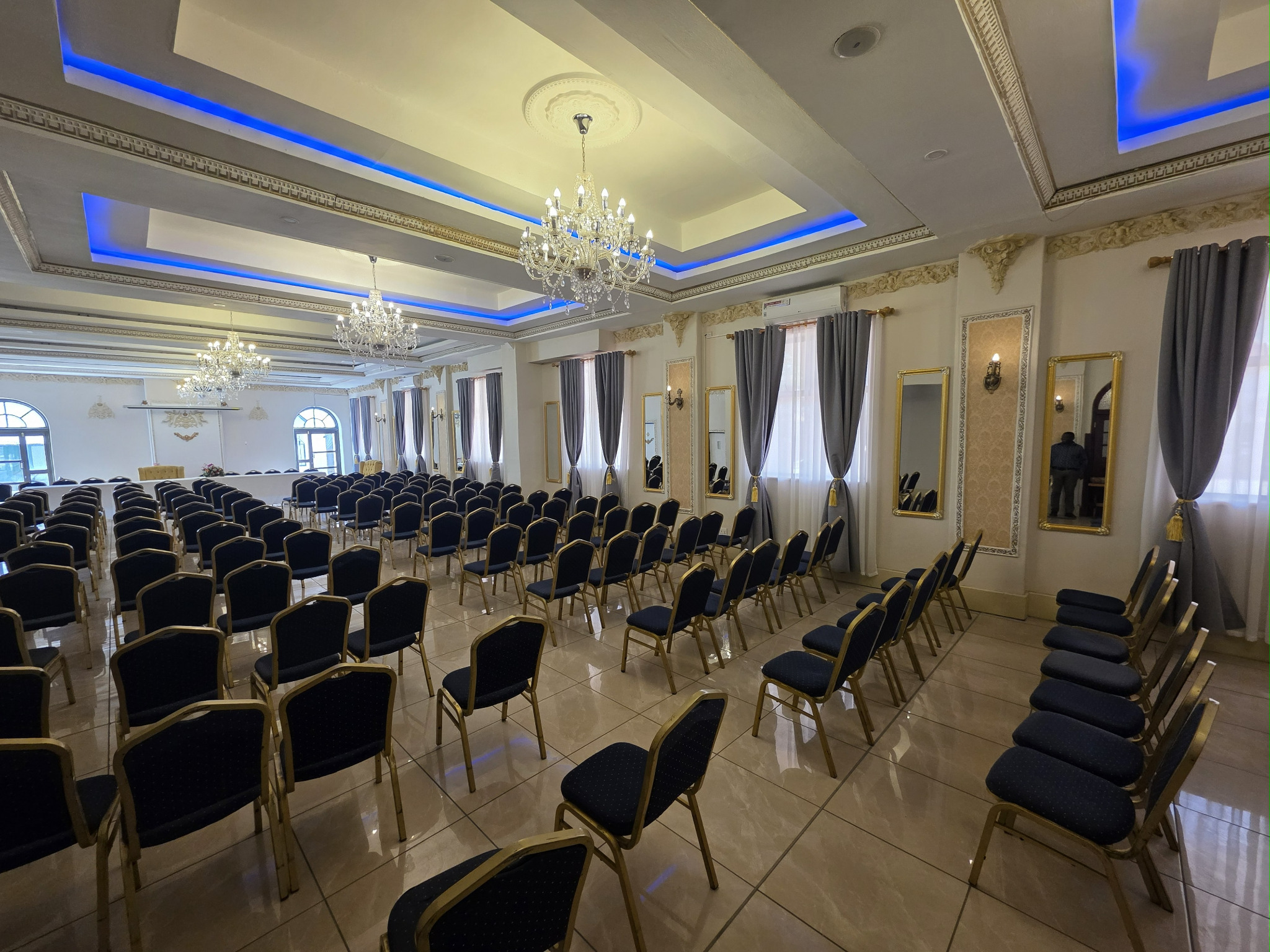 Selborne Hall arranged with rows of conference chairs